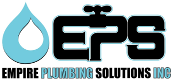 Logo for Empire Plumbing Solutions Inc. featuring a blue water drop, bold EPS with a faucet in the P, and company name with PLUMBING SOLUTIONS INC highlighted in blue.