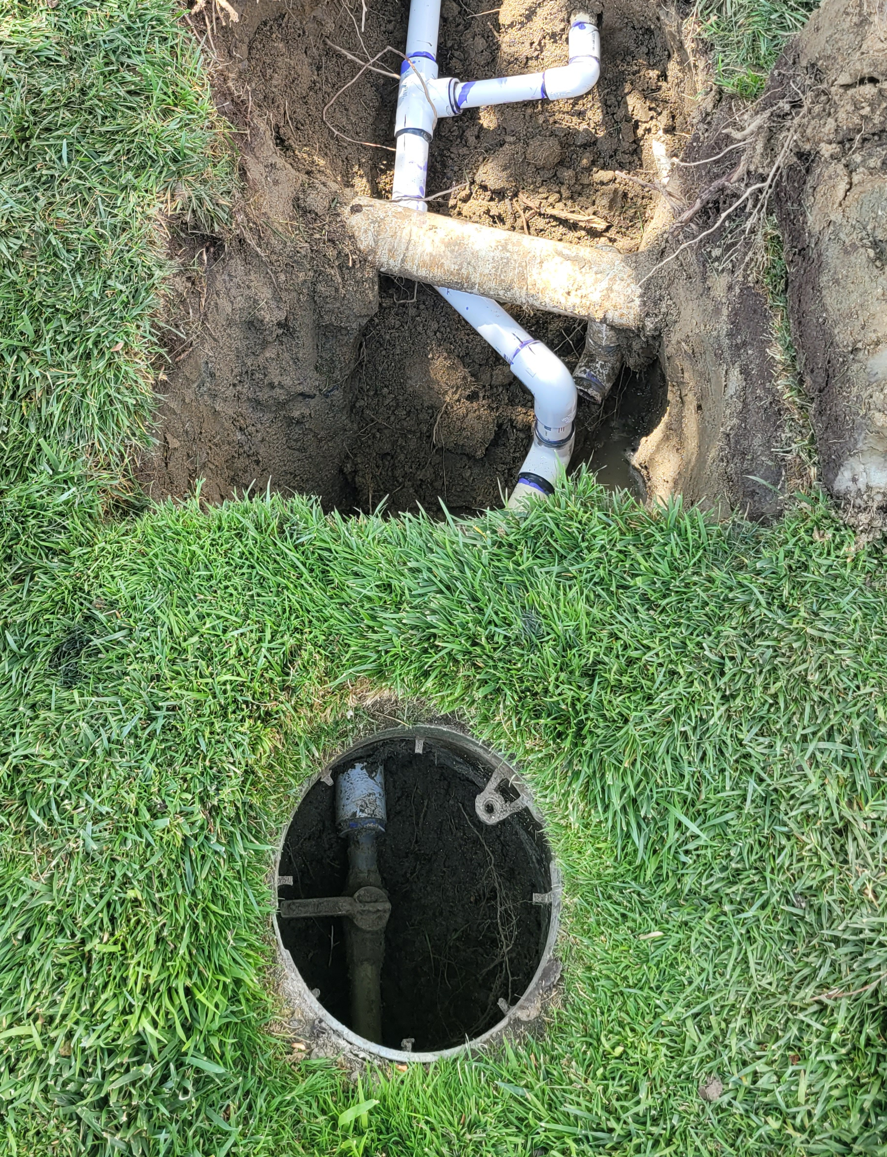 Exposed underground irrigation pipes and a valve box are visible in a grassy area with patches of removed sod and dug soil, suggesting recent repairs or maintenance by a plumber.